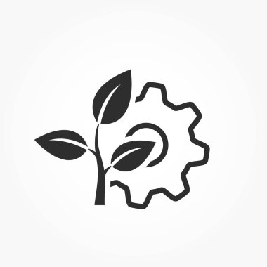 Çevre teknolojisi çizgisi simgesi. Mekanik teçhizat ve bitki filizi. Çevre, çevre dostu endüstri sembolü. izole vektör resmi