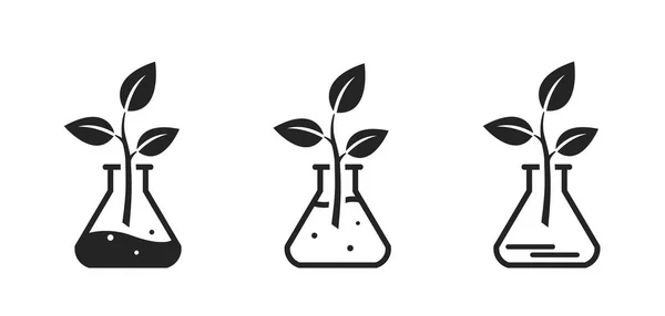Ikonuppsättning För Miljökemi Giftiga Symboler Kemisk Kolv Med Löv Ekologiska — Stock vektor