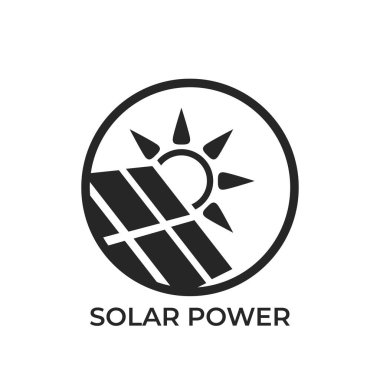 Güneş enerjisi yuvarlak logosu. Çevre dostu, sürdürülebilir, yenilenebilir ve alternatif enerji sembolü. izole vektör resmi
