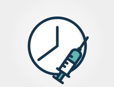 Enjeksiyon zamanı ikonu. Saat ve şırınga. Tıbbi program hatırlatması. Sağlık hizmeti izole edilmiş vektör rengi