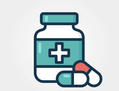 İlaç şişesi ikonu. İlaç ve ilaç tasarım elementleri. İzole vektör renk resmi