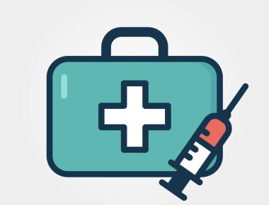 İlk yardım çantası ve şırınga çizimi. Sağlık ve tıbbi sembol. İzole vektör renk resmi