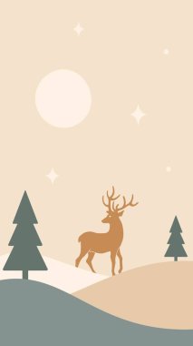 İskandinav asgari Noel manzarası. Ağaçların, ayın ve yıldızların arasında sıcak renklerde geyik. El çizimi özgün vektör resmi.