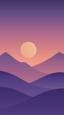 İskandinav tarzında minimalist kış manzarası. Dağlar mor renkli vektör sanatı. El çizimi orijinal illüstrasyon.