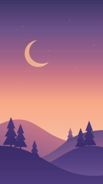 İskandinav tarzında minimalist gece manzarası. Mor renklerde gradyan vektör sanatı. Noel kartları için elle çizilmiş orijinal illüstrasyon.