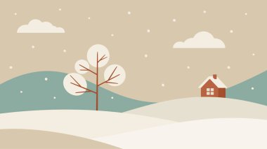 Minimalistic winter landscape. Mountains, tree and house hand drawn original vector illustration