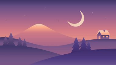 Dağlar, ay ve evle minimalist gece manzarası. Mor renklerde el çizimi orijinal vektör gradyanı çizimi