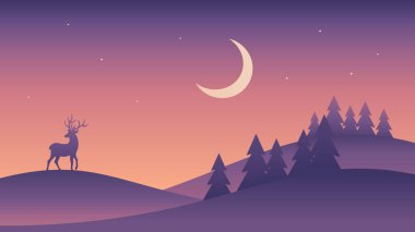 Tepede geyik olan minimalist gece manzarası. Mor renklerde el çizimi orijinal vektör gradyanı çizimi