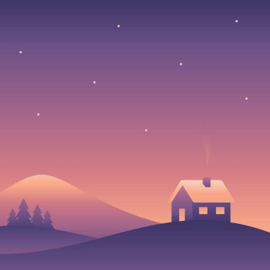 Tepede evi ve mor renkli dağları olan minimalist gece manzarası. El çizimi özgün vektör gradyanı çizimi
