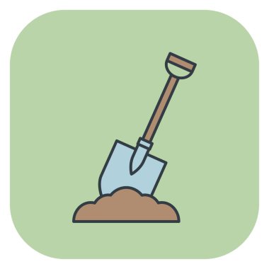 Kahverengi toprakta klasik bir metal bahçe küreği. Bahar tasarımı için el çizimi özgün vektör çizimi