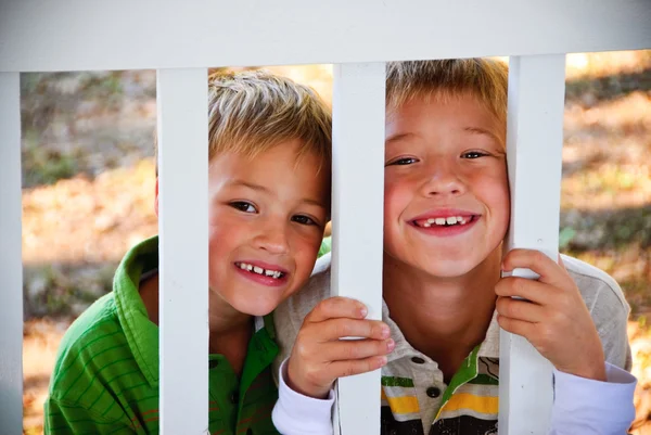 Two cute little boys behind fence. — Stock Photo, Image