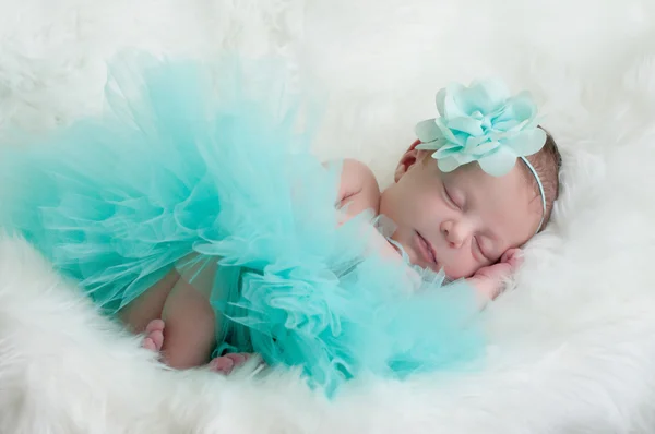 Retrato recém-nascido de menina em tutu teal e flor headband . — Fotografia de Stock