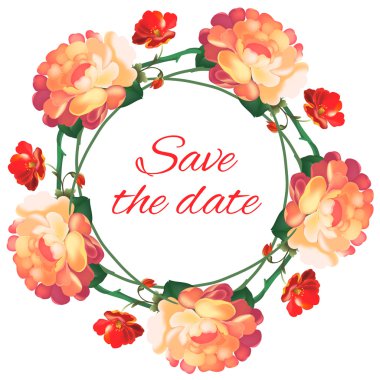 Çelenk kartpostal düğün gül. Vektör çizim.