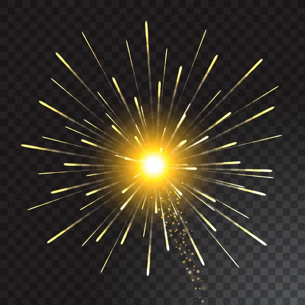 Der festliche goldene Feuerwerksgruß platzte auf transparentem Hintergrund. Vektorillustration — Stockvektor