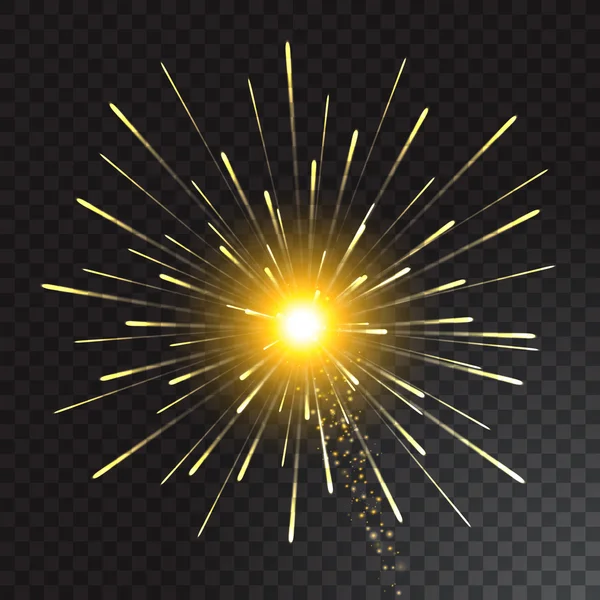 Fuoco d'artificio d'oro festivo Saluto Burst su sfondo trasparente. Illustrazione vettoriale — Vettoriale Stock