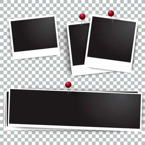 Photo polaroid frames on wall attached with pins.  frame and collection of retro  picture. Vector illustration set — Stock Vector