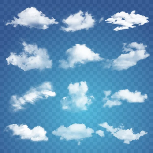 Zestaw przezroczystych różnych chmur. Ilustracja wektorowa — Wektor stockowy