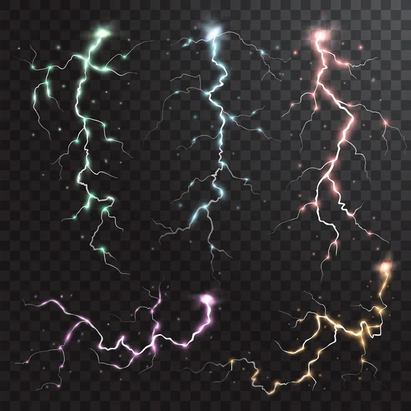 Грозовые реалистичные элементы с цветными вспышками молний искры на черном полупрозрачном фоне изолированные векторные иллюстрации — стоковый вектор