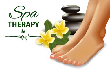 Spa konseptiyle gerçekçi kadın ayakları, frangipani ve taşlar. Vektör çizim.