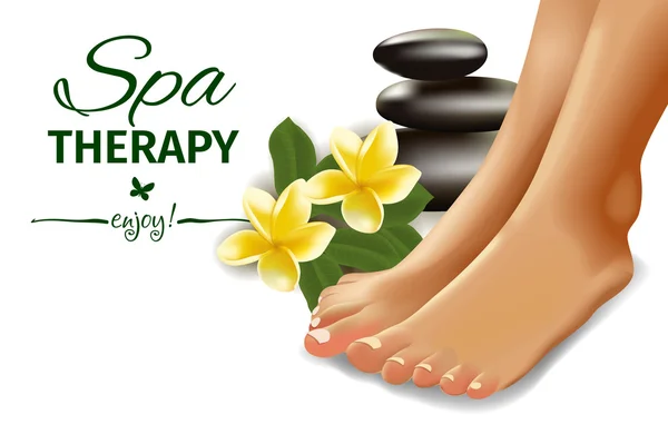 Concetto SPA con piedi femminili realistici, frangipani e pietre. Illustrazione vettoriale . — Vettoriale Stock