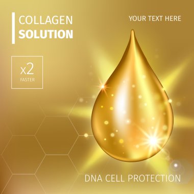 Yüce kollajen yağ damla özü. Premium parlak serum damlacık. Vektör Illustration. Kozmetik çözümü