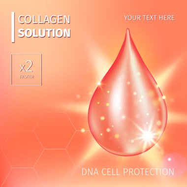 Yüce kollajen yağ damla özü. Premium parlak serum damlacık. Vektör Illustration. Kozmetik çözümü