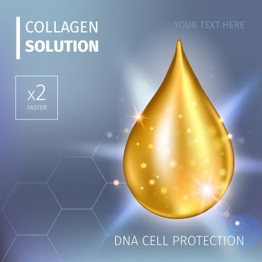 Yüce kollajen yağ damla özü. Premium parlak serum damlacık. Vektör Illustration. Kozmetik çözümü
