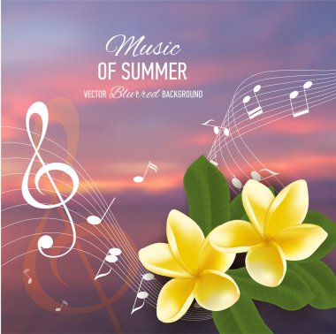 Yaz müzik parti şablonu gerçekçi frangipani, notlar ve anahtar. Vektör çizim.