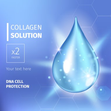 Yüce kollajen yağ damla özü. Premium parlak serum damlacık. Vektör Illustration. Kozmetik çözümü
