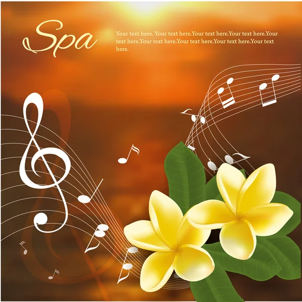 Plantilla de fiesta de música de verano con frangipani realista, notas y clave. Ilustración vectorial . — Archivo Imágenes Vectoriales