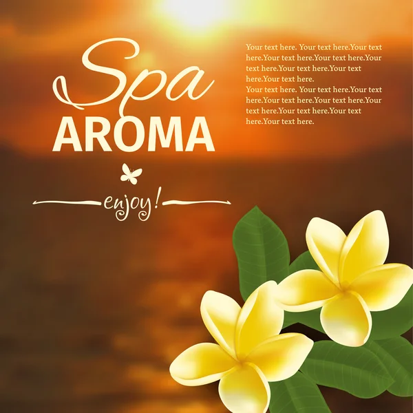 Concepto de spa con fondo borroso junto al mar y frangipani vector realista — Archivo Imágenes Vectoriales