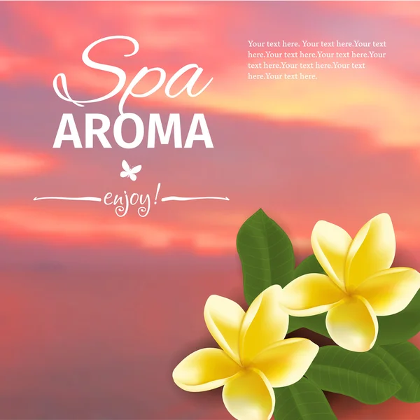 Spa concept met wazig kust achtergrond en realistische vector frangipani — Stockvector