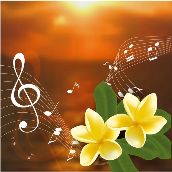 Summer music party template with realistic frangipani, notes and key. Vector illustration. — Stock Vector