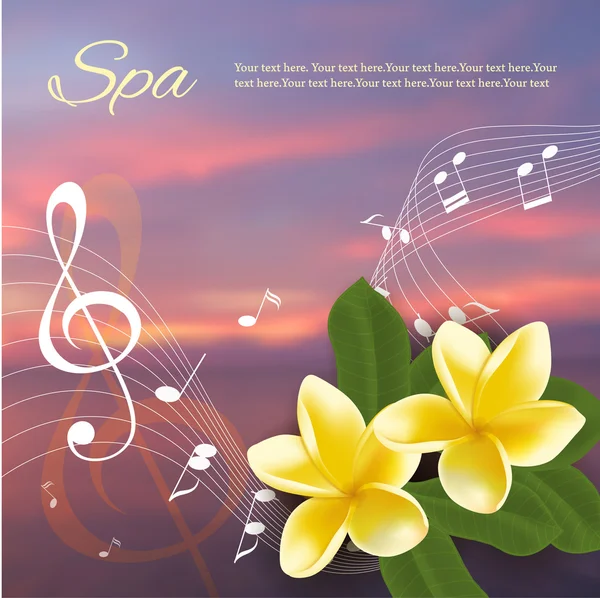 Modelo de festa de música de verão com frangipani realista, notas e chave. Ilustração vetorial . —  Vetores de Stock