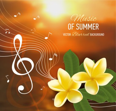 Yaz müzik parti şablonu gerçekçi frangipani, notlar ve anahtar. Vektör çizim.