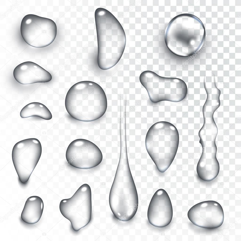 Pure clear water drops realistic set isolated vector illustration