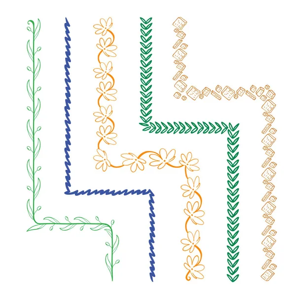 Vektor-Set aus fünf handgezeichneten Pinseln mit Eckfliesen. Nahtloses Muster in verschiedenen Farben für Rahmen, Rahmen und Designelemente. Vektorisolierte Illustration. Pinsel sind im Lieferumfang enthalten. — Stockvektor