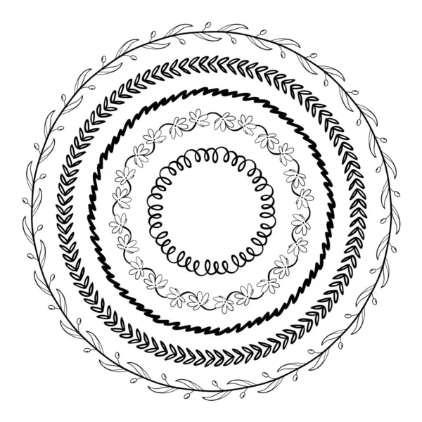 Set vettoriale di cornici rotonde disegnate a mano. Illustrazione isolata del vettore. Spazzole con piastrelle d'angolo e le estremità sono inclusi in eps. — Vettoriale Stock