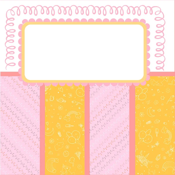 Design-Vorlage für süße Einladungskarte. Vorlage für Scrapbooking mit handgezeichneten Doodle-Mustern. Für Geburtstage, Jubiläen, Partyeinladungen. Vektor — Stockvektor