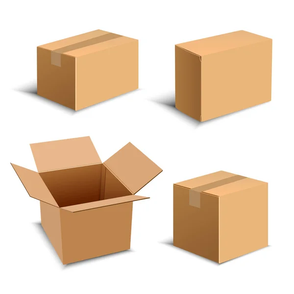 4つの現実的な茶色のパッケージボックスのセット。オンライン配信レイアウト用の設計要素。ベクトル — ストックベクタ