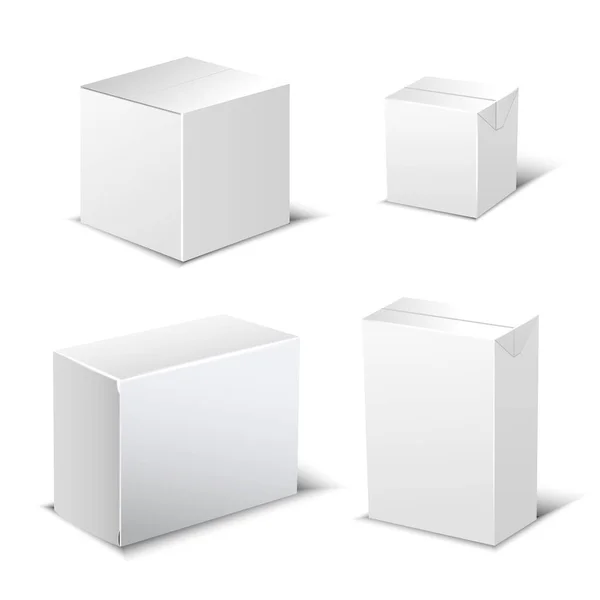 Zestaw czterech realistycznych białych pudełek. Elementy konstrukcyjne dla układu dostawy online. Wektor — Wektor stockowy