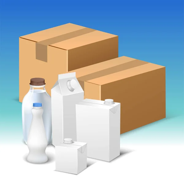 Composición vectorial de plantillas de envasado de leche realistas sobre fondo de gradiente azul. Papel de leche blanco creativo, vidrio y diseño de envases de plástico. — Archivo Imágenes Vectoriales