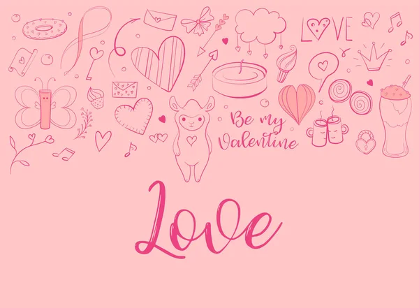 Biglietto rosa per San Valentino con scarabocchi abbozzati disegnati a mano. — Vettoriale Stock