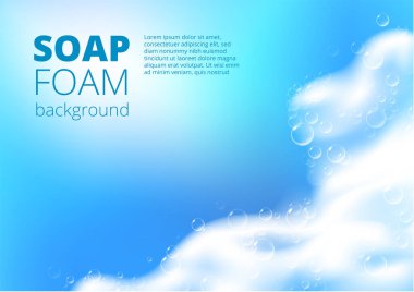 Gerçekçi köpüklü sabun köpüğüyle güzel bir mavi arka plan. Şampuan köpüğü dokusu. Parlak çamaşır deterjanı. Tasarlanmış metin. Vektör illüstrasyonu