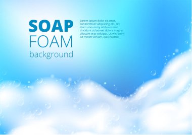 Gerçekçi köpüklü sabun köpüğüyle güzel bir mavi arka plan. Şampuan köpüğü dokusu. Parlak çamaşır deterjanı. Tasarlanmış metin. Vektör illüstrasyonu
