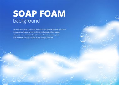 Gerçekçi köpüklü sabun köpüğüyle güzel bir mavi arka plan. Şampuan köpüğü dokusu. Parlak çamaşır deterjanı. Tasarlanmış metin. Vektör illüstrasyonu