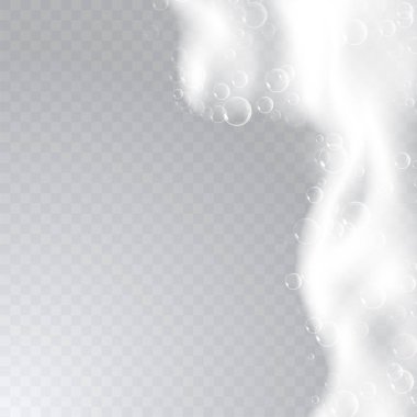 Sabun köpüğüyle gerçekçi bir geçmiş. Banyo beyazı köpükler, şampuan sabunu temiz köpüklü, parlak, temiz çamaşır deterjanı vektörü. İşaretli şeffaf arkaplan