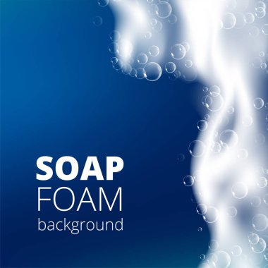 Gerçekçi köpüklü sabun köpüğüyle güzel bir mavi arka plan. Şampuan köpüğü dokusu. Parlak çamaşır deterjanı. Tasarlanmış metin. Vektör illüstrasyonu