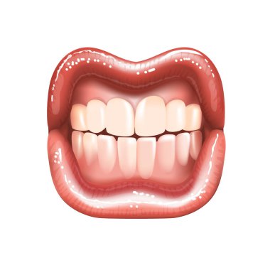 Pembe ruj renginde, izole edilmiş, güzel, çıplak kadın dudakları. Sırıtan dişler