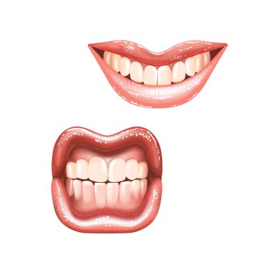 Farklı tasarımlar için dişleri olan iki güzel, çıplak dudaklı kadın. Pembe ruj rengi. Gerçekçi vektör illüstrasyonu.